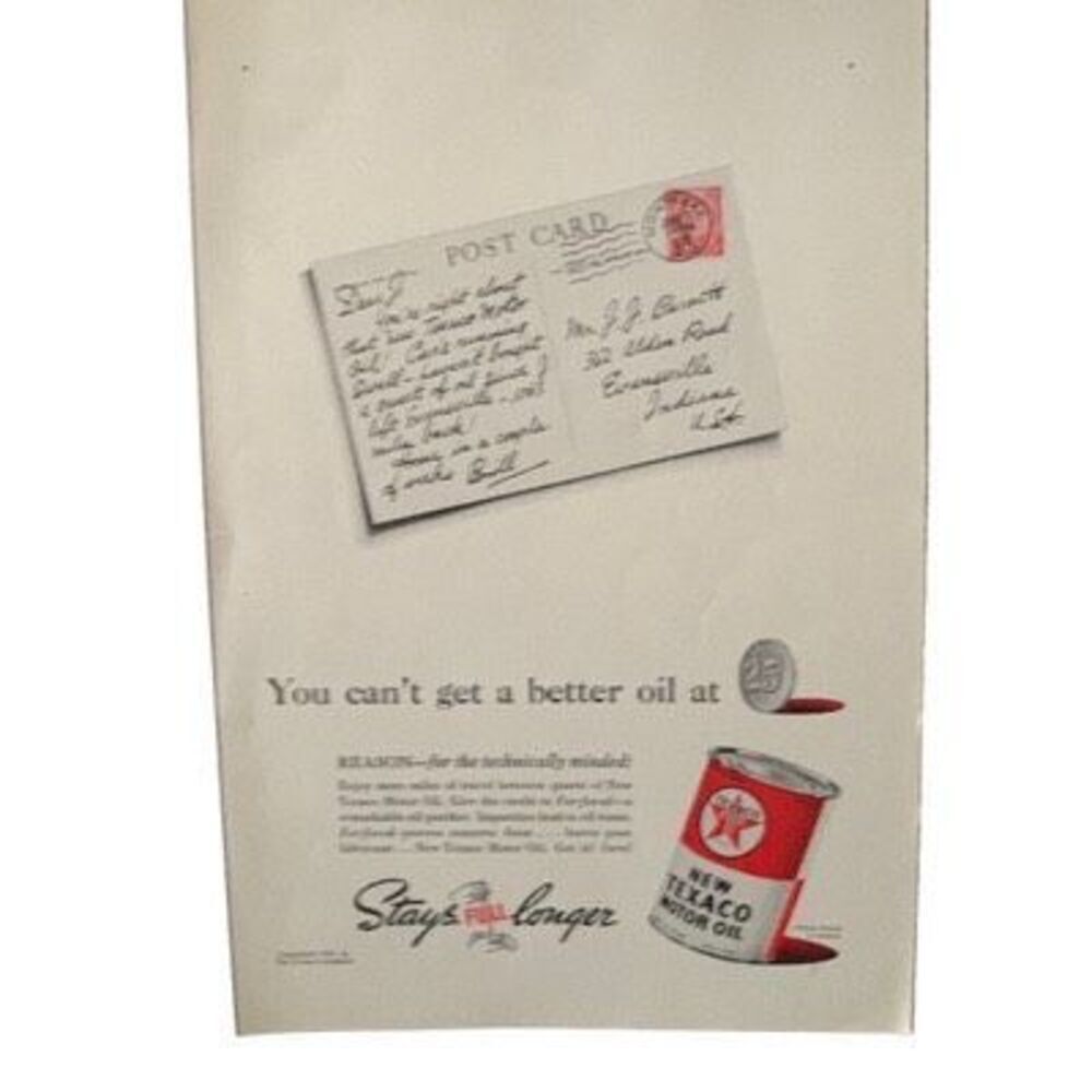 Vintage 1938 Texaco Motor Oil Miles of Travel Ad Advertisement